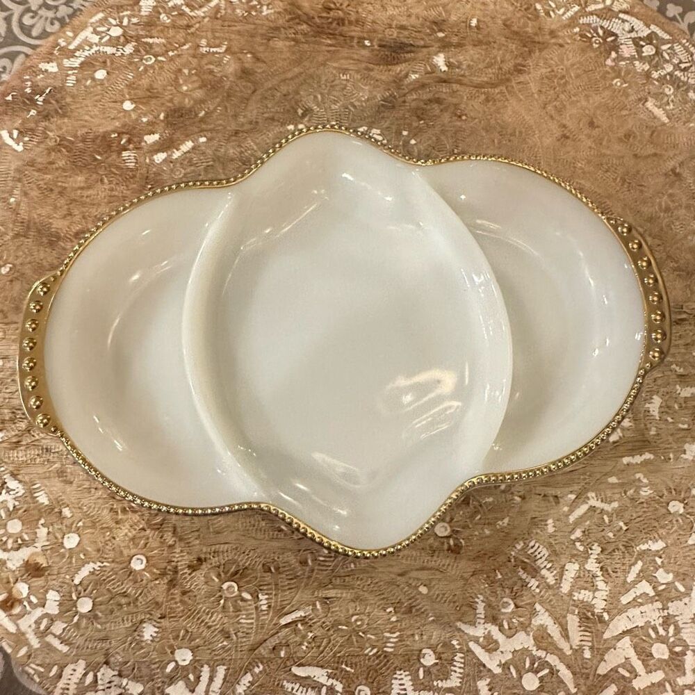 Fire King‎ Vintage Milk Glass Three Section serving appetizer Platter gold trim